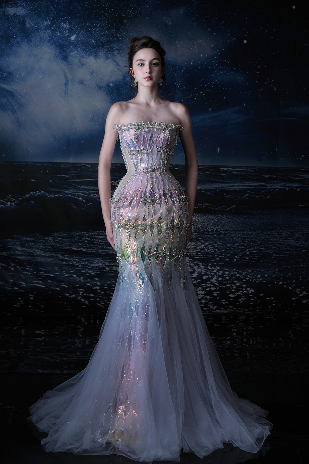 Mermaid Corseted Silhouette with Cape Train Dress