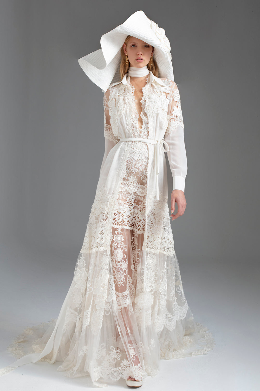 Wedding Dress with Guipure Bodice, Deep V-Neckline, Halter Neck, and O M.R DESIGN Wedding Dress with Guipure Bodice, Deep V-Neckline, Halter Neck, and O M.R DESIGN