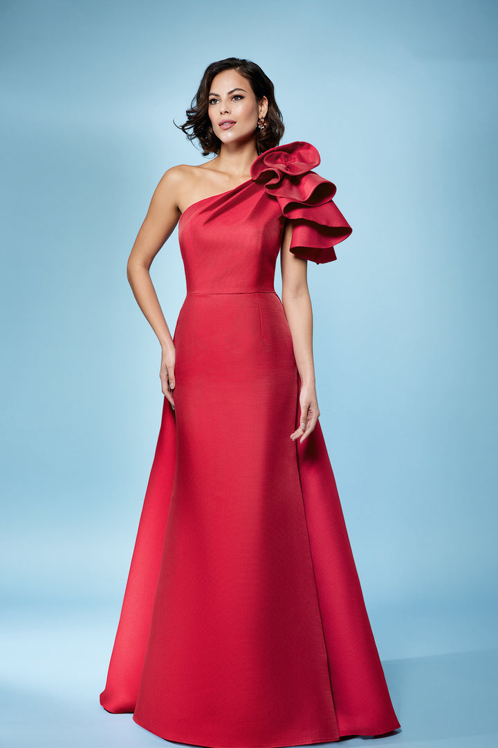 One-Shoulder Tussore Dress with Ruffle & Pleats