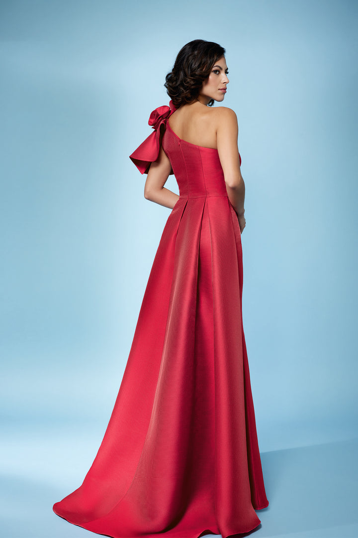 One-Shoulder Tussore Dress with Ruffle & Pleats