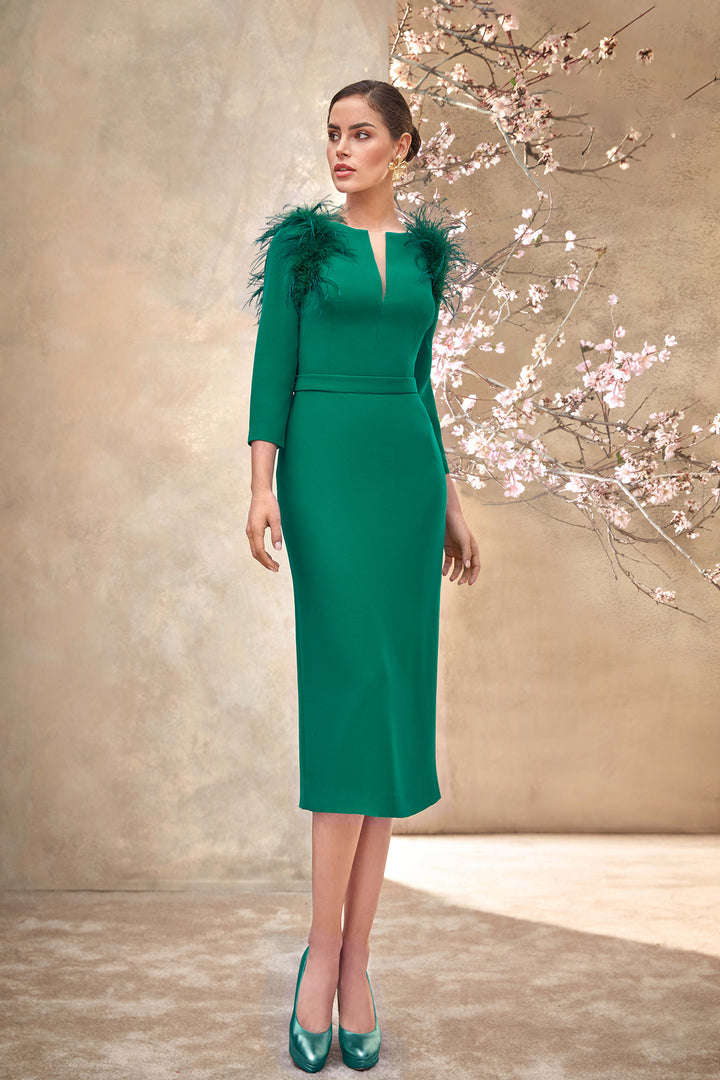 Crepe Midi Dress with V-Neck and Feathers