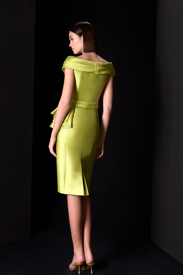 Fitted Cocktail Dress with Pleated Neckline and Peplum Detail