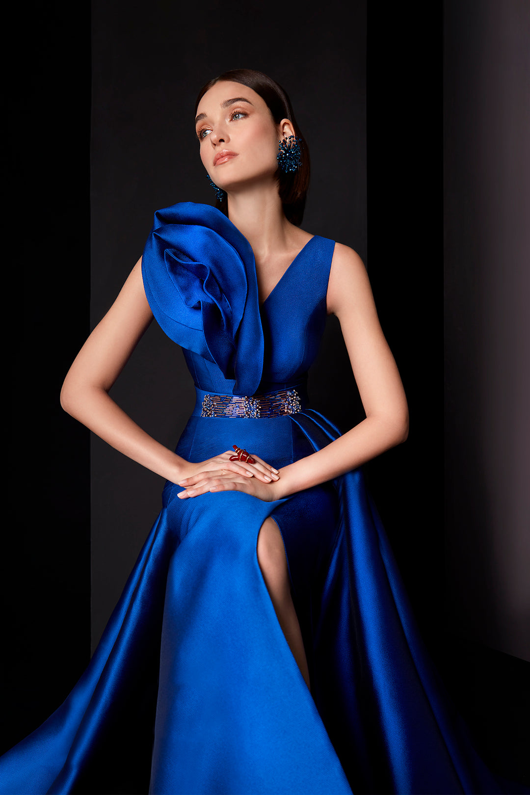 High slit pique dress with overskirt Navy / FR 42 High slit pique dress with overskirt Navy / FR 42