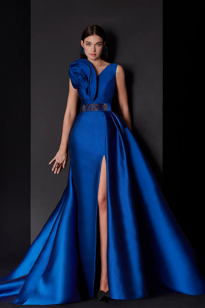 Evening Dress with V-Neckline and Removable Overskirt