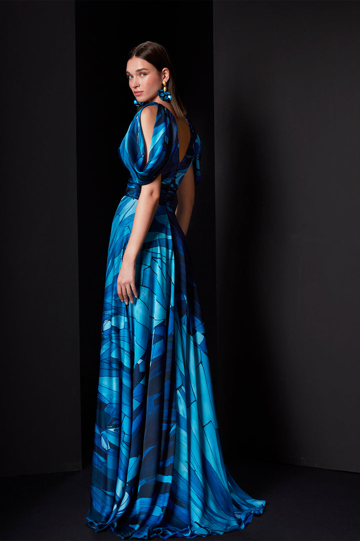 A-Line Printed Evening Dress with Draped Details