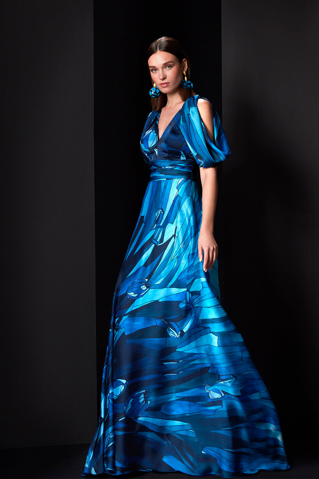 A-Line Printed Evening Dress with Draped Details Blue / FR 36 A-Line Printed Evening Dress with Draped Details Blue / FR 36