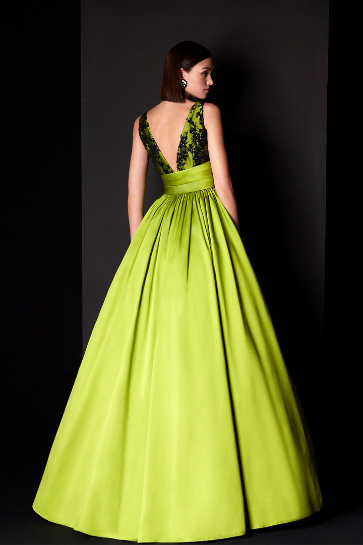 Evening Dress with Embroidery and Asymmetrical Ruffles