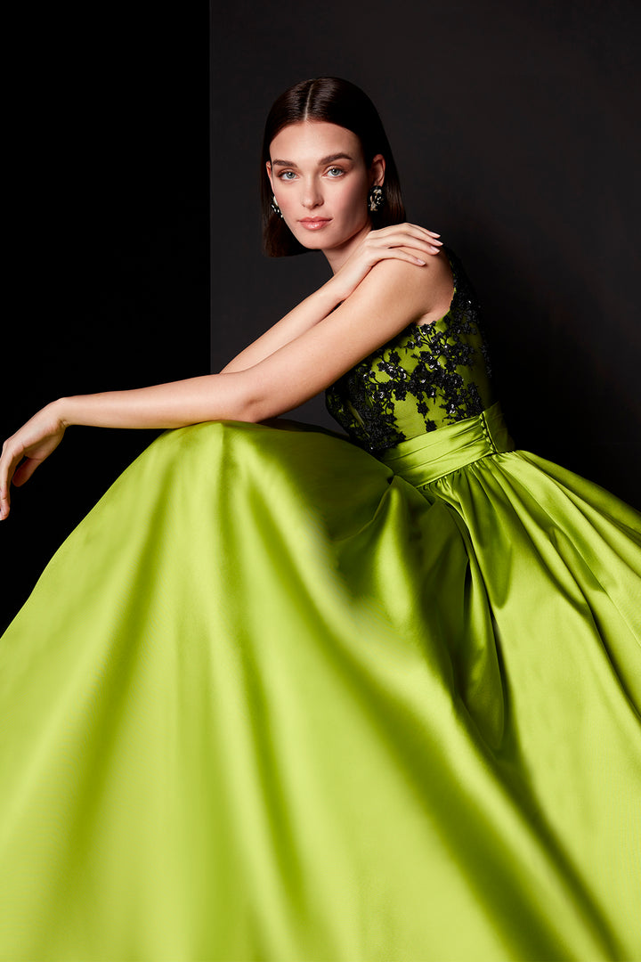 Evening Dress with Embroidery and Asymmetrical Ruffles