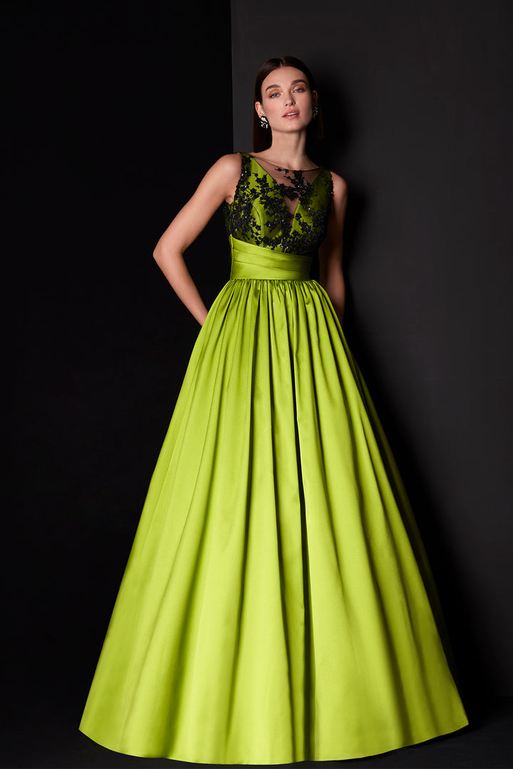 Evening Dress with Embroidery and Asymmetrical Ruffles