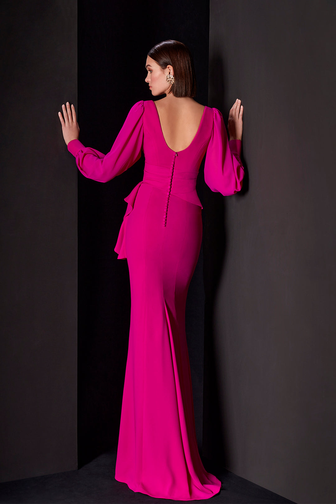 Evening Dress with Puffed Sleeves and Draped V-Neckline