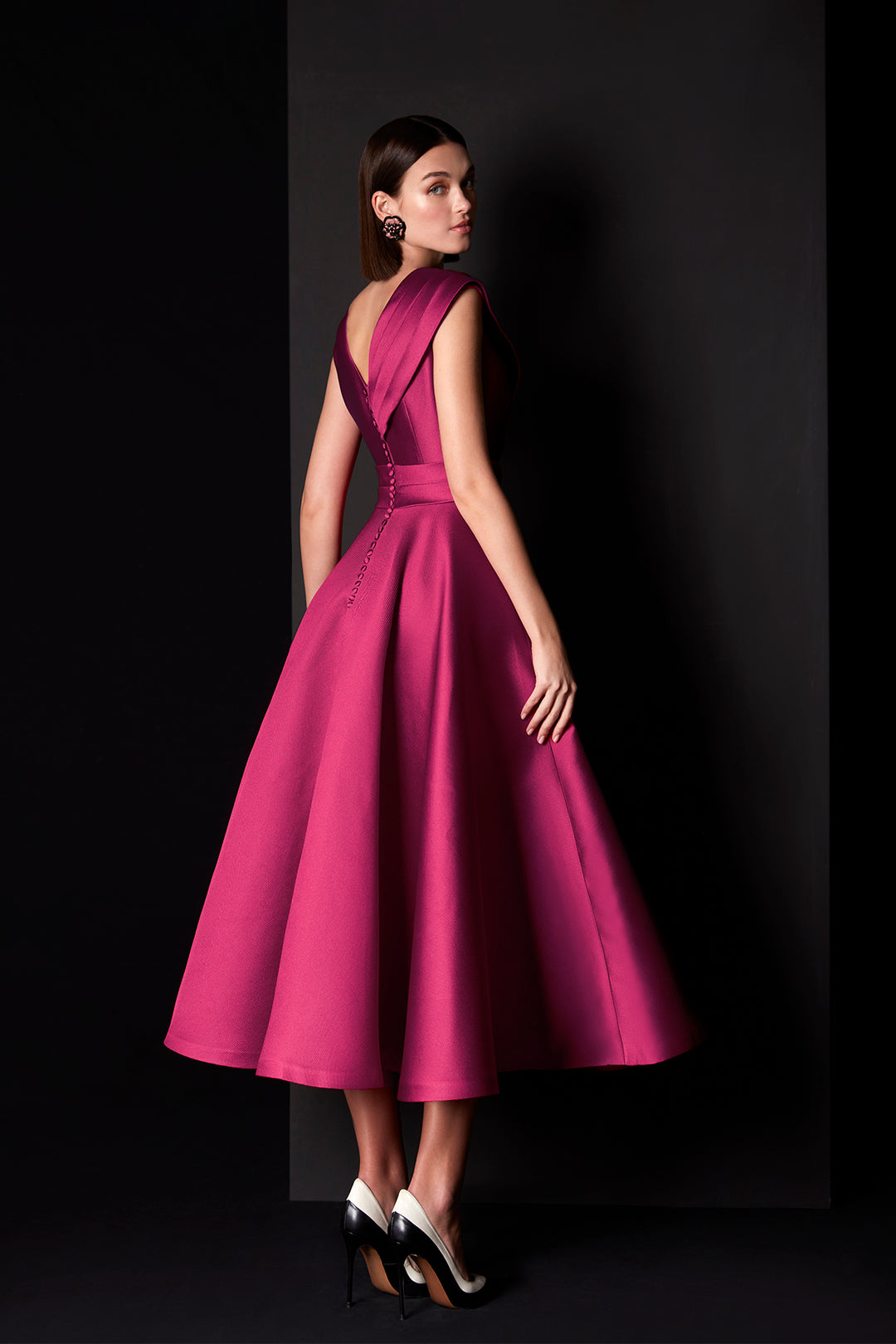 Midi Dress with Pleated Belt and V-Neckline