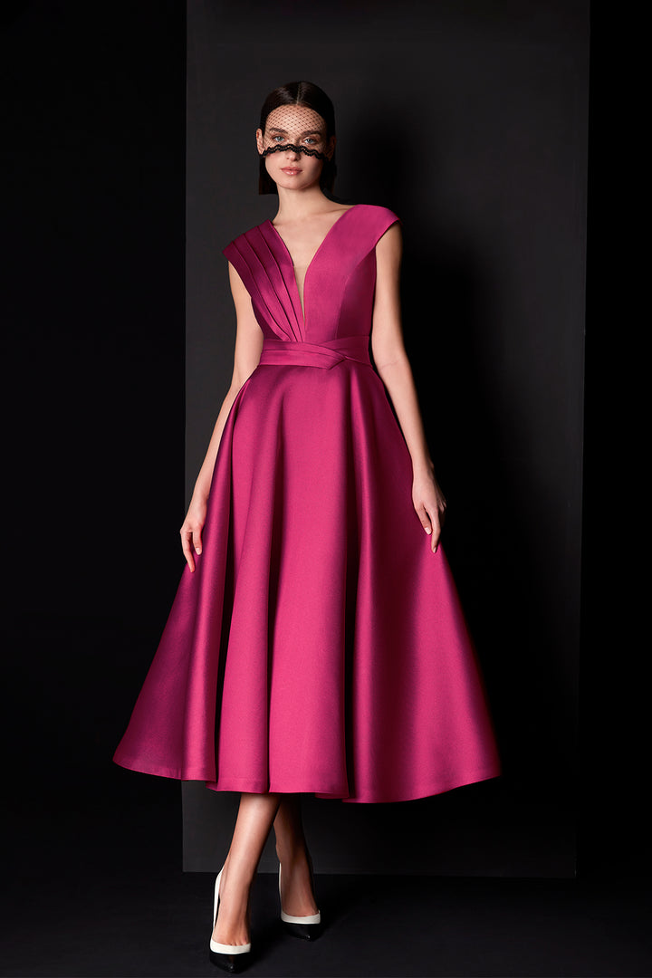 Midi Dress with Pleated Belt and V-Neckline