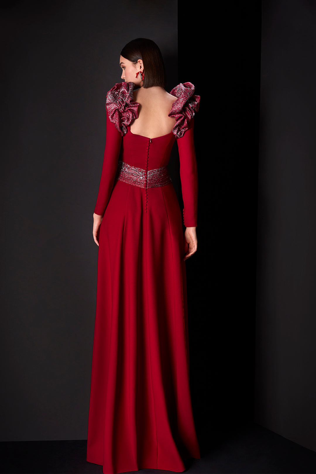 Evening Dress with Square Neckline and Puffed Shoulder Pads