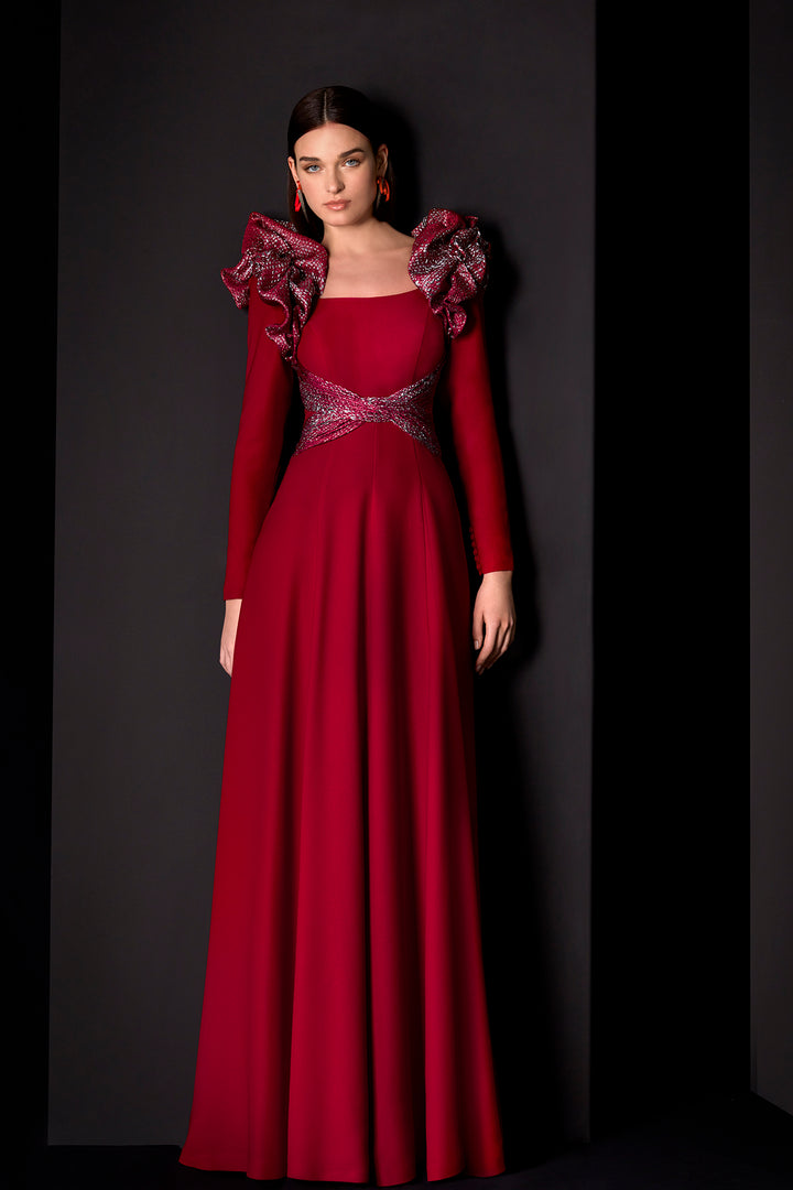 Evening Dress with Square Neckline and Puffed Shoulder Pads