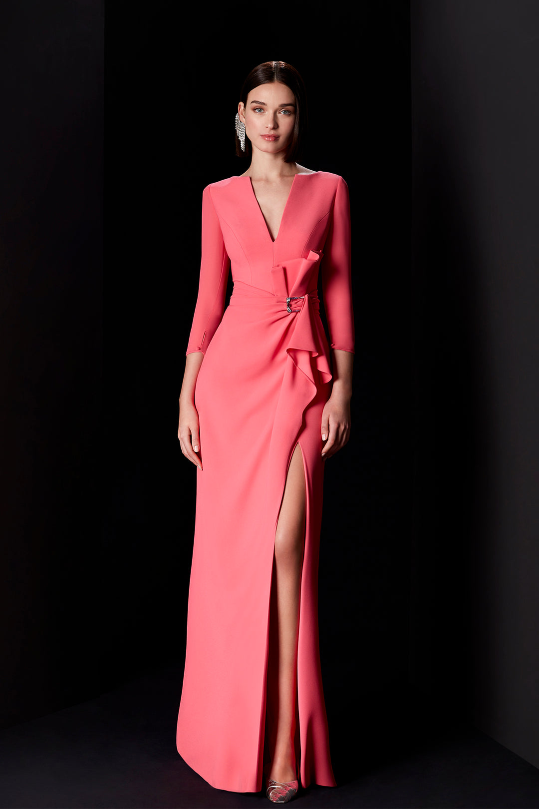 Ruffled waistline high slit crepe dress Pink / FR 38 Ruffled waistline high slit crepe dress Pink / FR 38