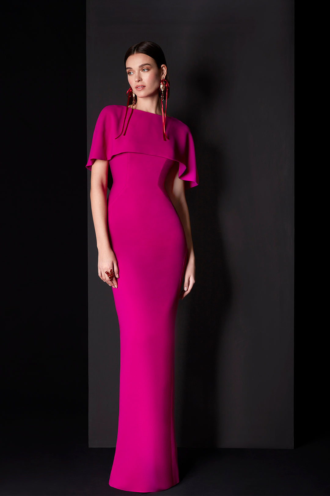 Overlay bodice mermaid crepe dress Fuchsia / FR 46 Overlay bodice mermaid crepe dress Fuchsia / FR 46
