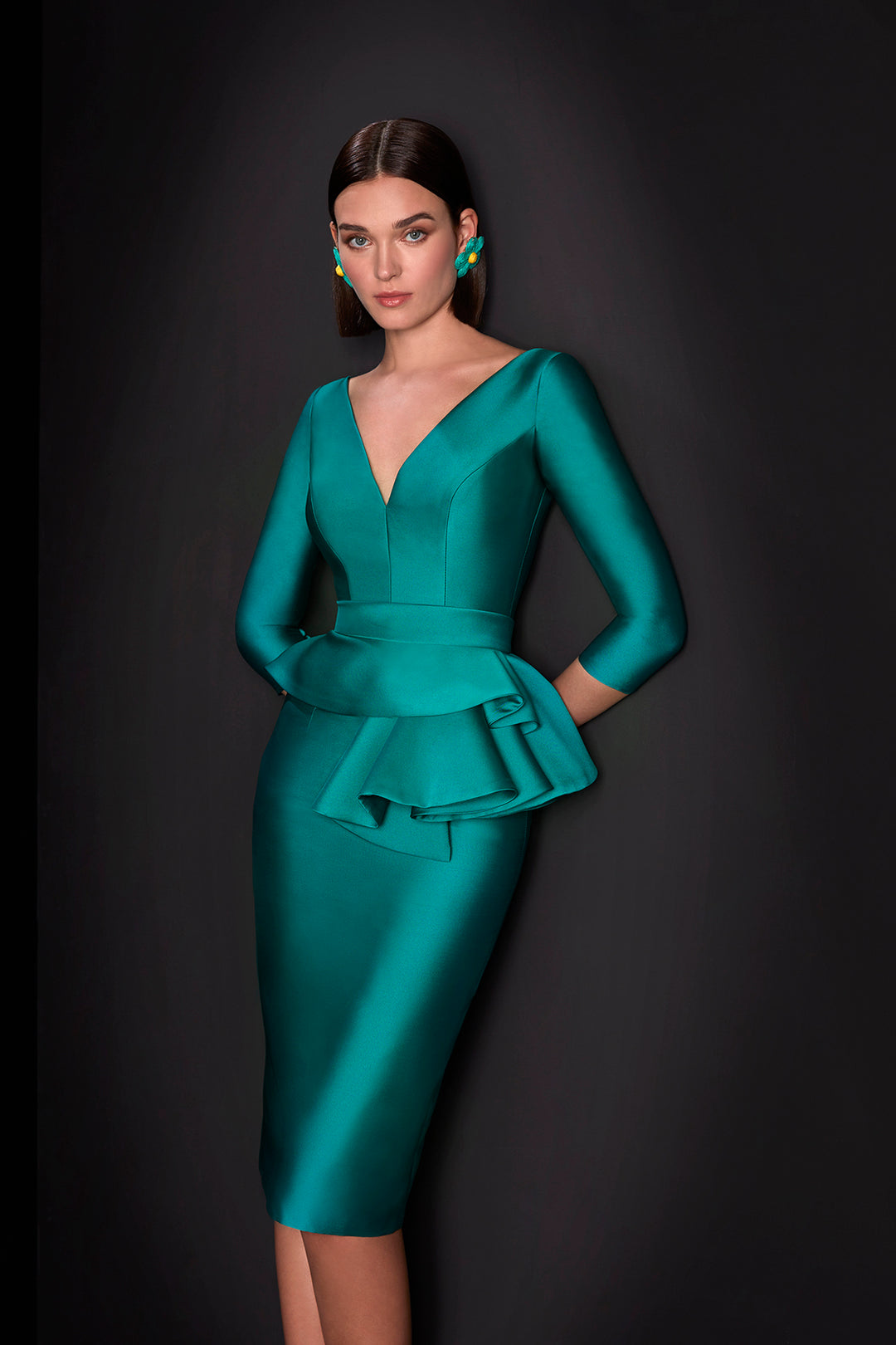 Mikado cocktail dress with ruffles Green / FR 44 Mikado cocktail dress with ruffles Green / FR 44