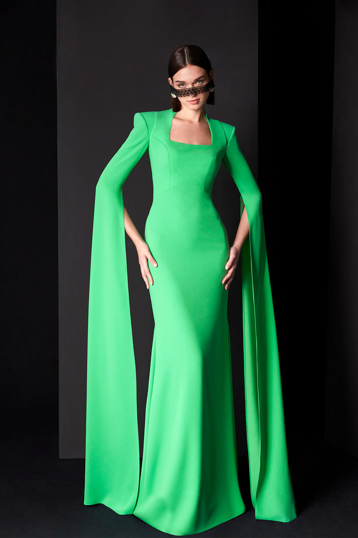 Evening Dress with Mermaid Skirt and Cape Sleeves