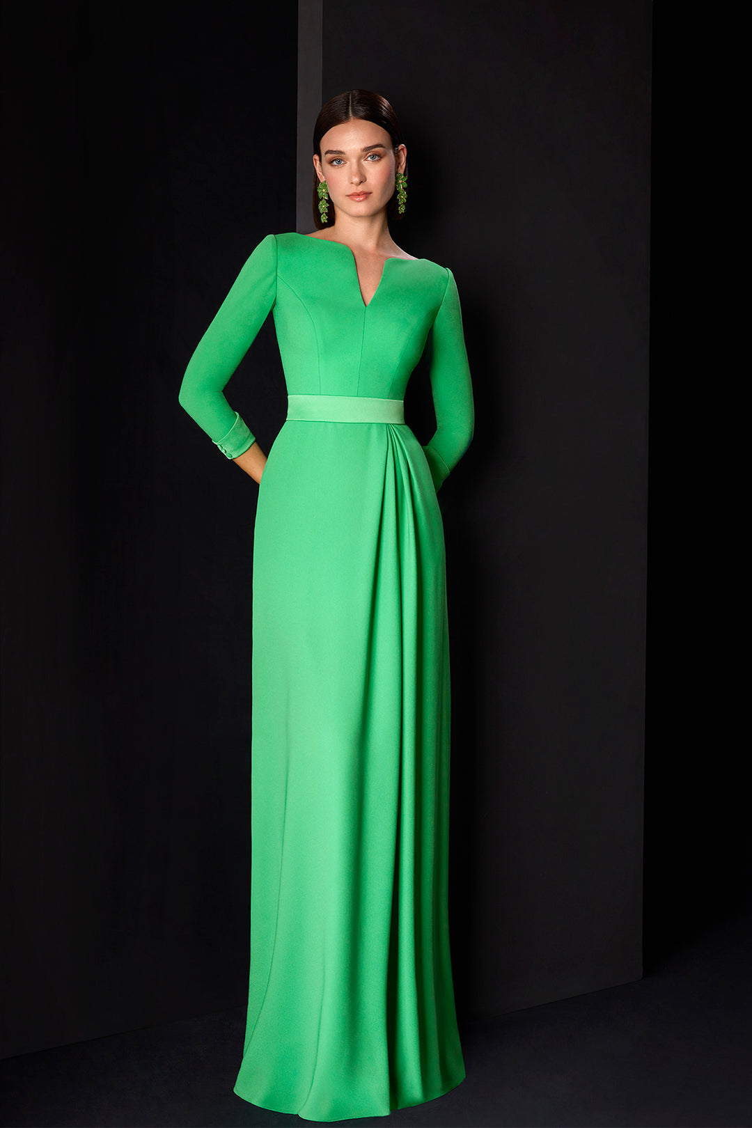 3/4 Sleeves Flowy Crepe Dress Green / FR 40 3/4 Sleeves Flowy Crepe Dress Green / FR 40