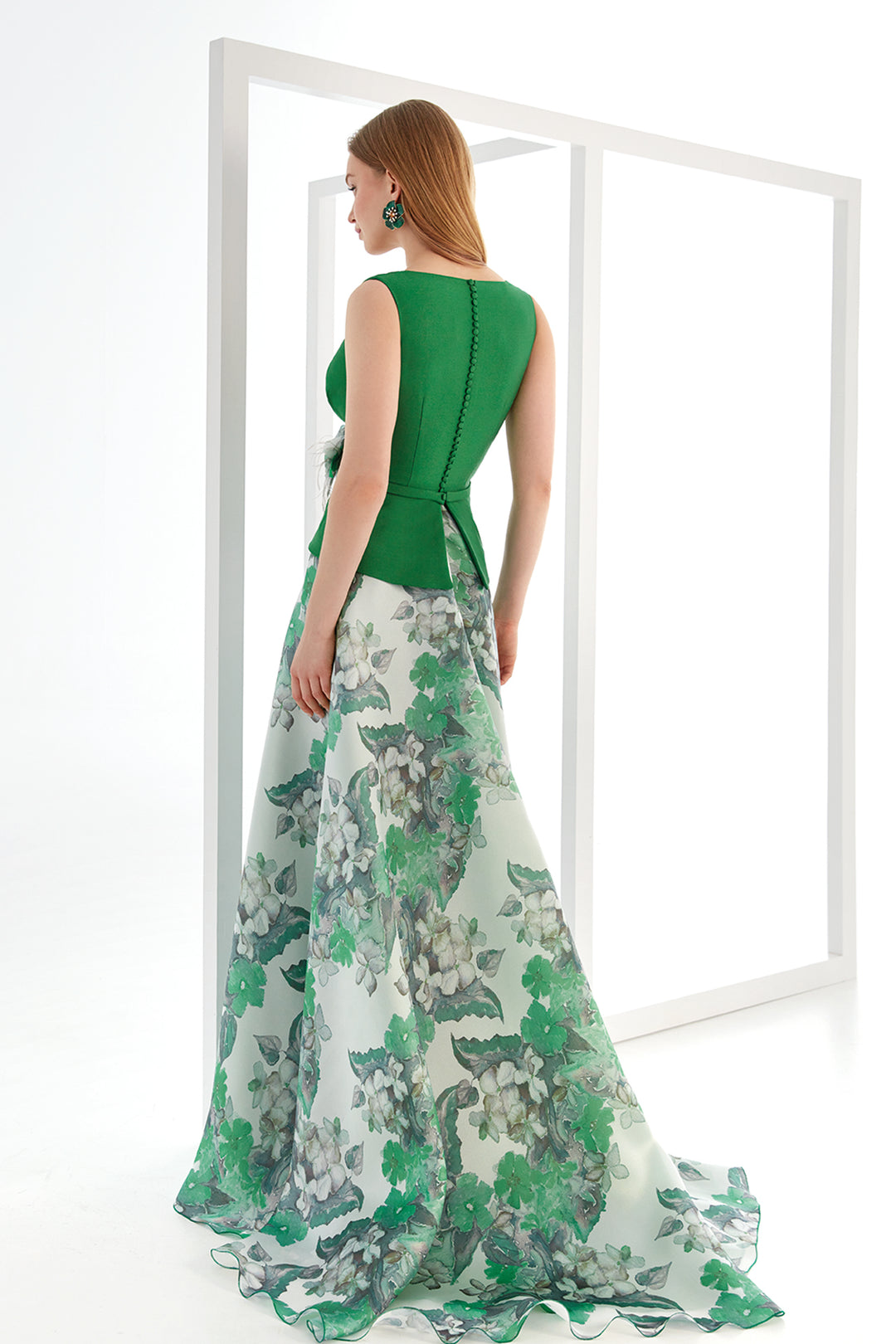 A-Line Long Dress with Printed Gazar