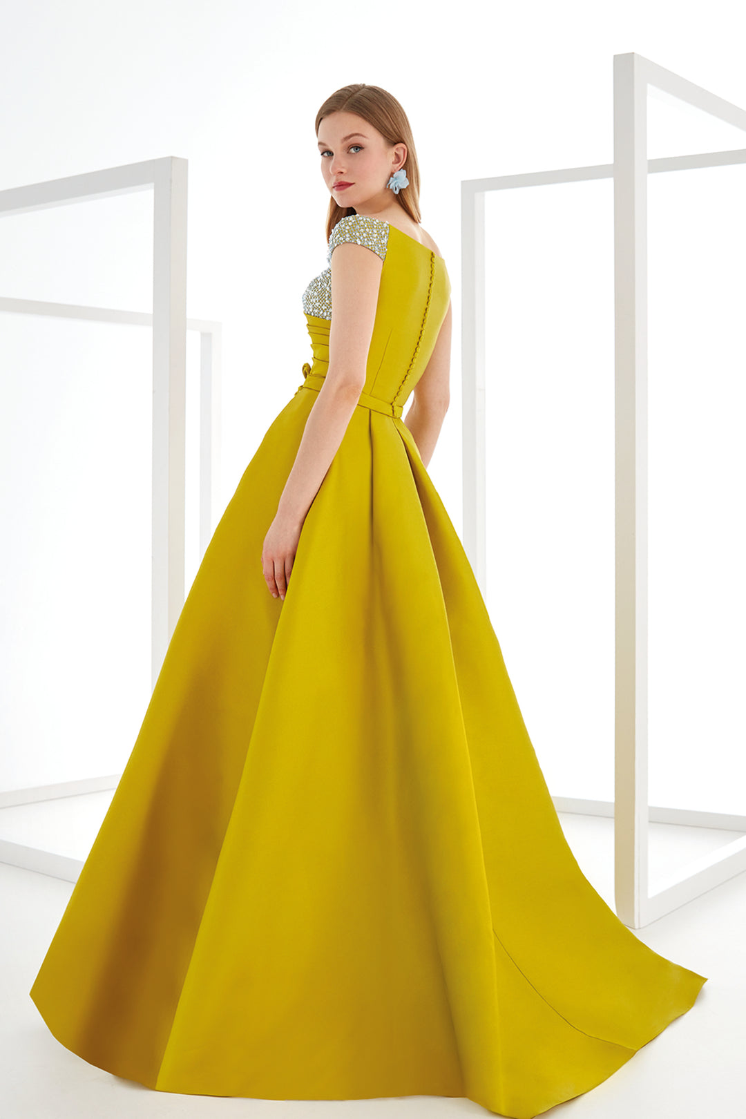 Flared Dress with Asymmetrical Bodice and Crystal Sash