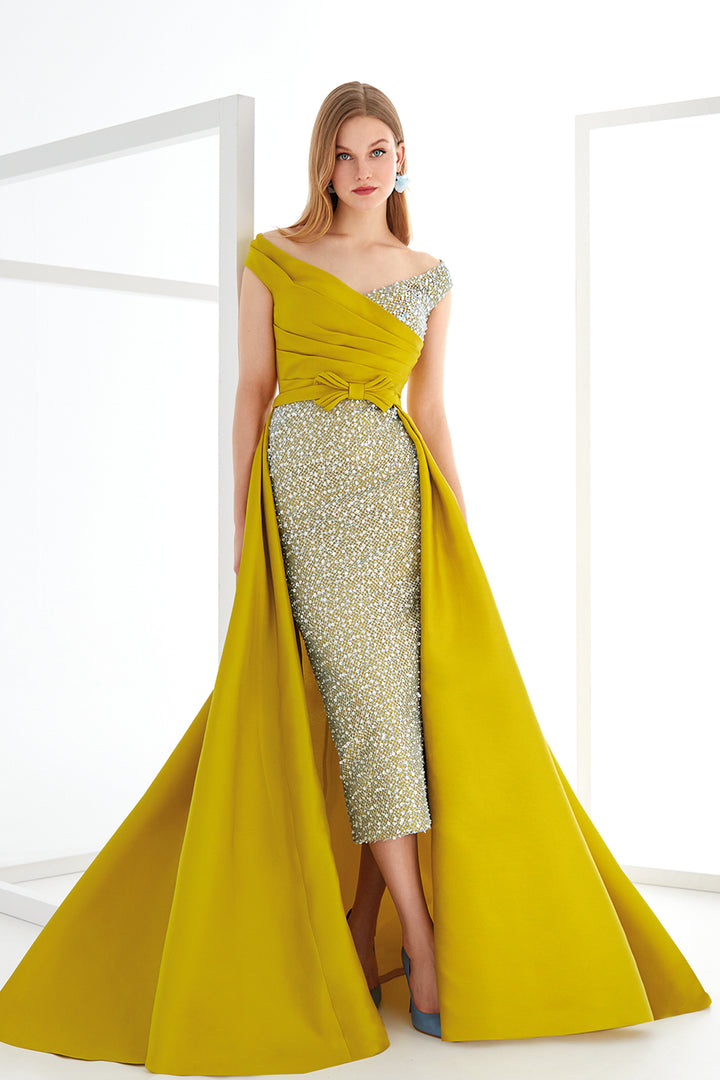 Flared Dress with Asymmetrical Bodice and Crystal Sash
