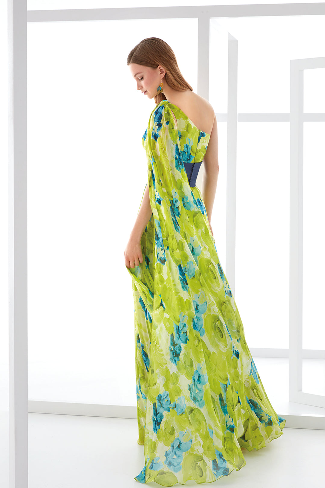Flared Dress with Asymmetrical Bodice and Crystal Sash