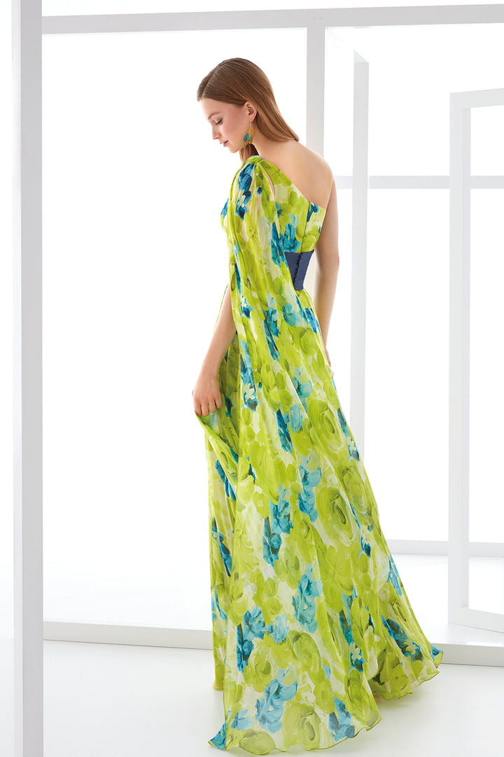 Flared Dress with Asymmetrical Bodice and Crystal Sash