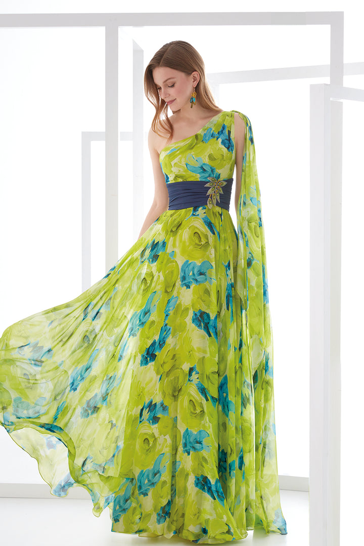 Flared Dress with Asymmetrical Bodice and Crystal Sash