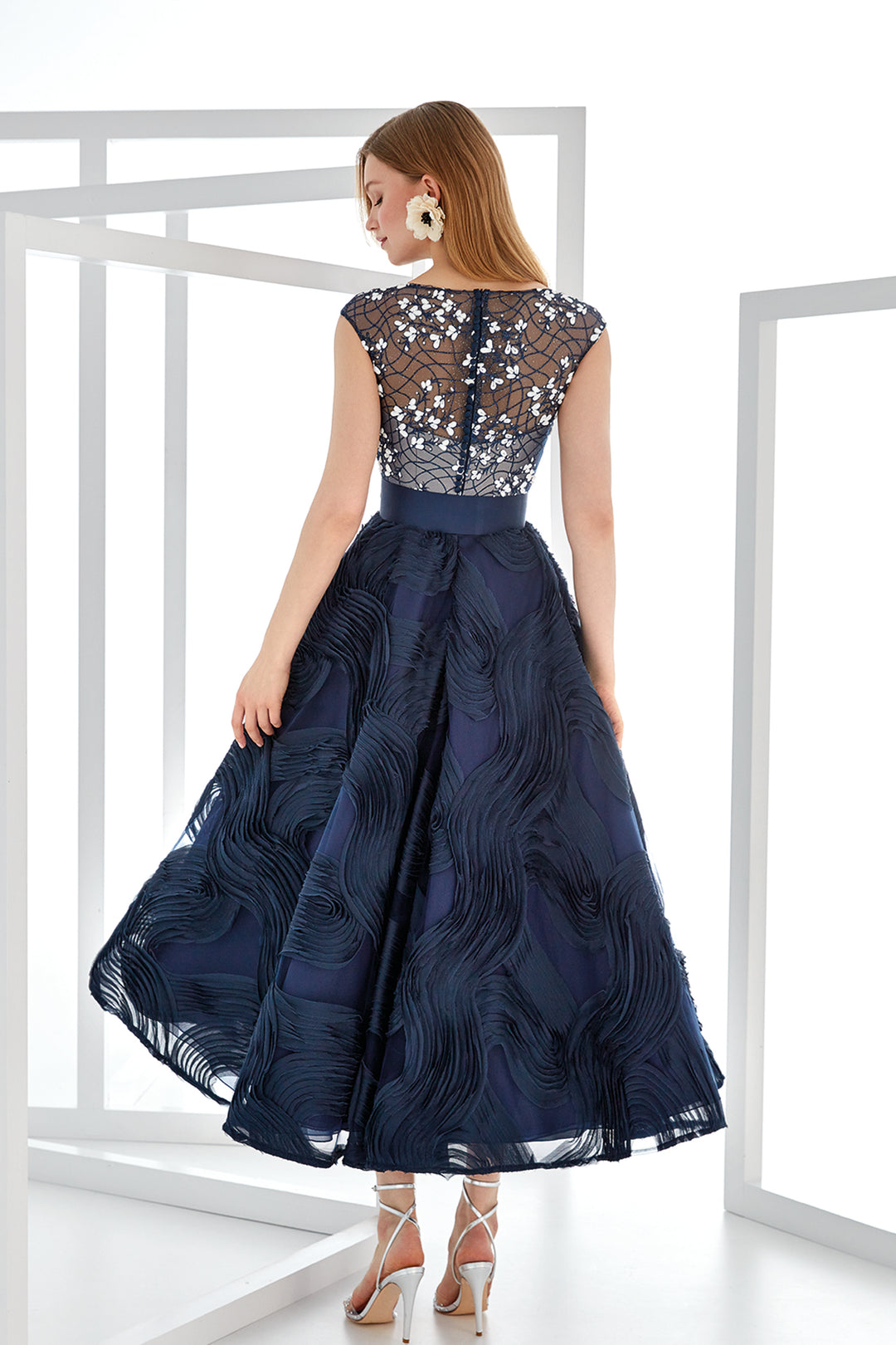 Silk Organza Rosettes Dress with Piqué Belt