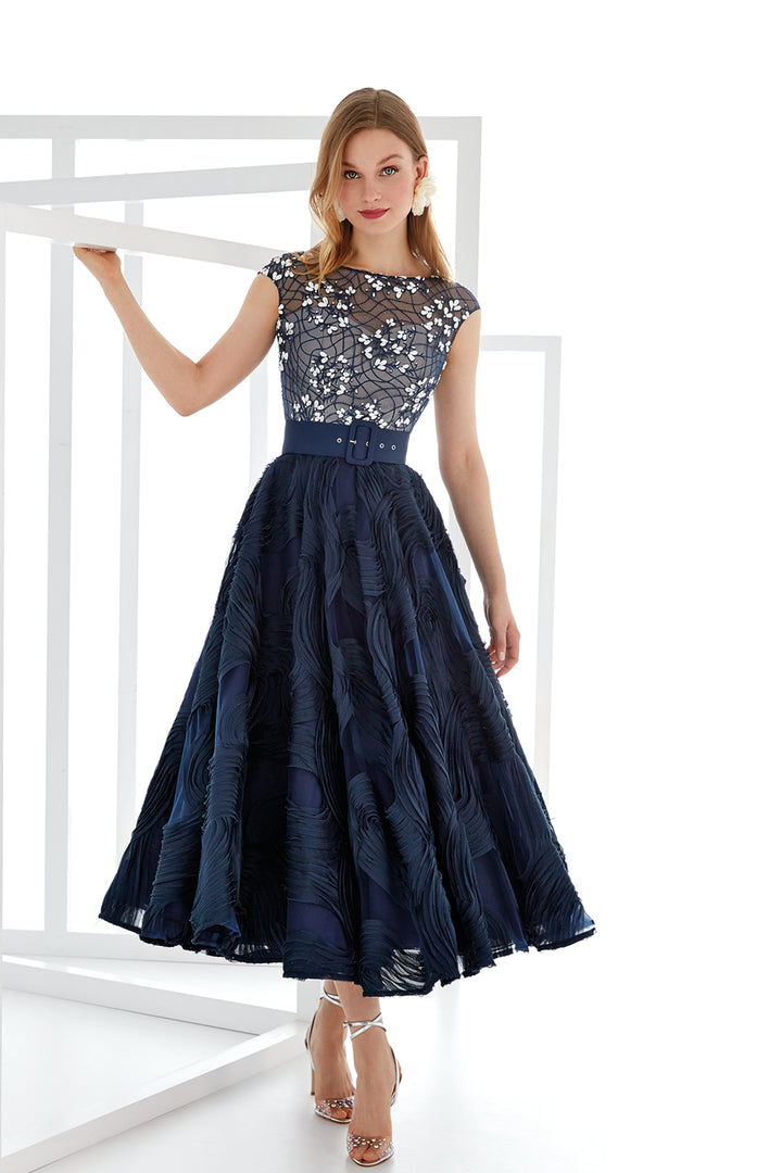 Silk Organza Rosettes Dress with Piqué Belt