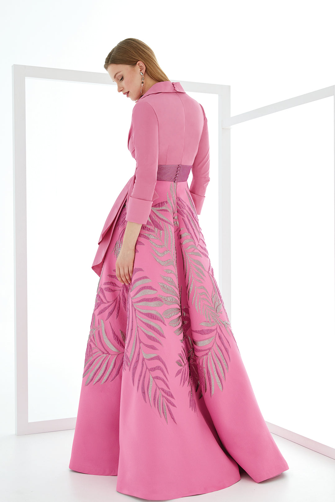 Brocade Taffeta Dress with Draped V-Neck and Bow Waist