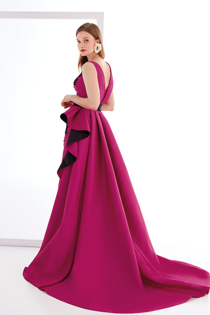 Jacquard V-Neckline Dress with Open V-Back And Train