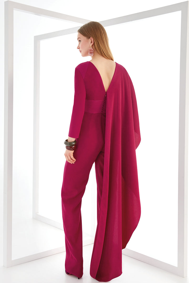 Jumpsuit with V-Neck and 3D Floral Brooch