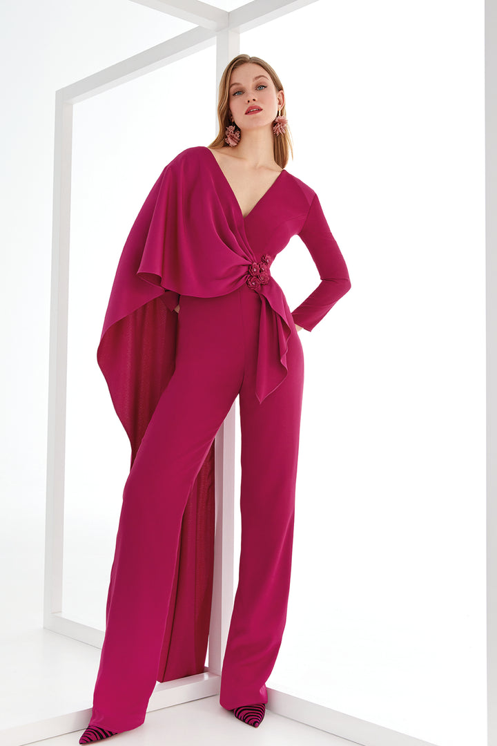 Jumpsuit with V-Neck and 3D Floral Brooch