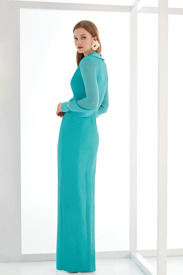 Long Dress with Wrap Neckline and Puffed Sleeves