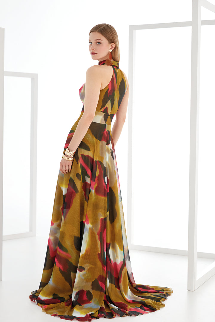 Geometric Print Georgette Halter Dress with Full-Circle Skirt