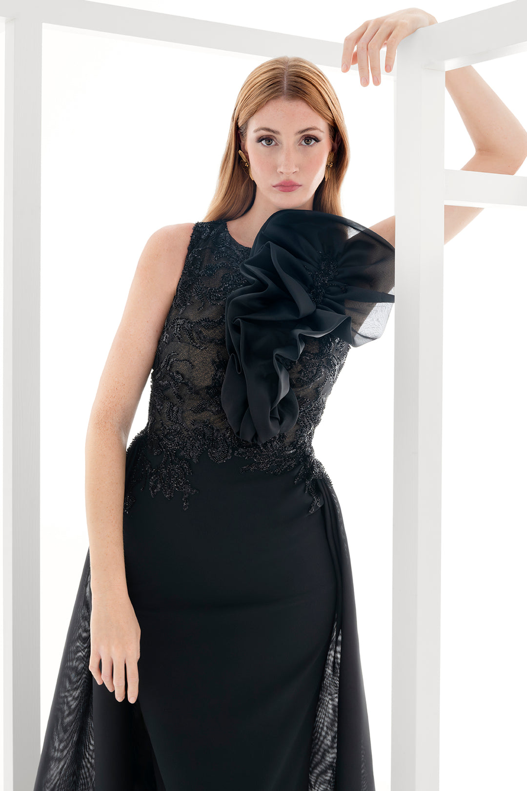 Asymmetric Veil Ruffle Dress