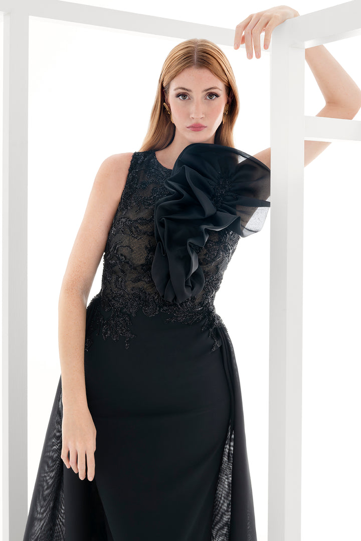 Asymmetric Veil Ruffle Dress