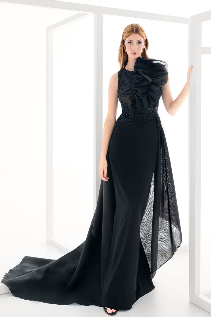 Asymmetric Veil Ruffle Dress