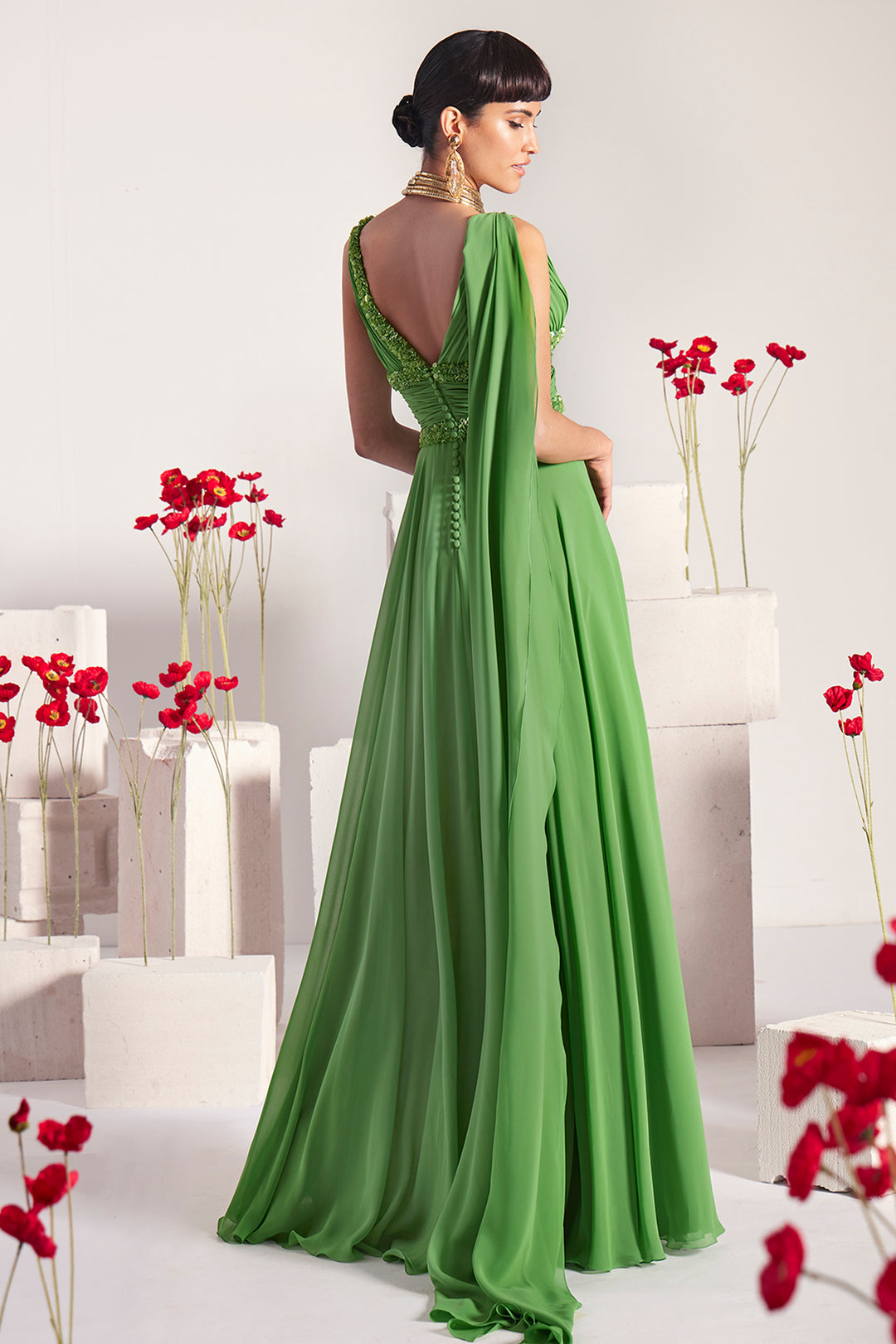 Pleated Sequinned with Cape Long Dress