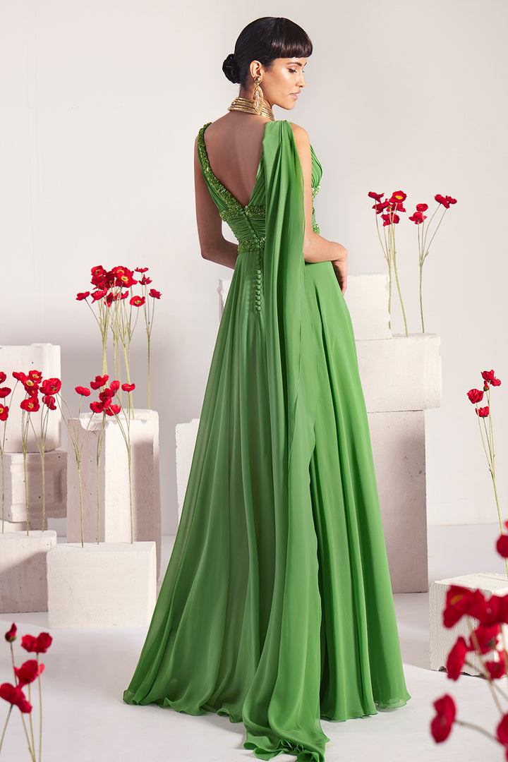 Pleated Sequinned with Cape Long Dress