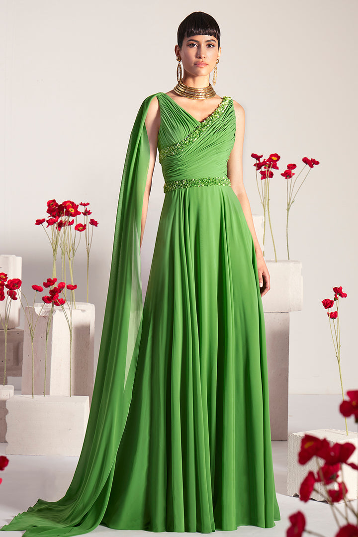 Pleated Sequinned with Cape Long Dress
