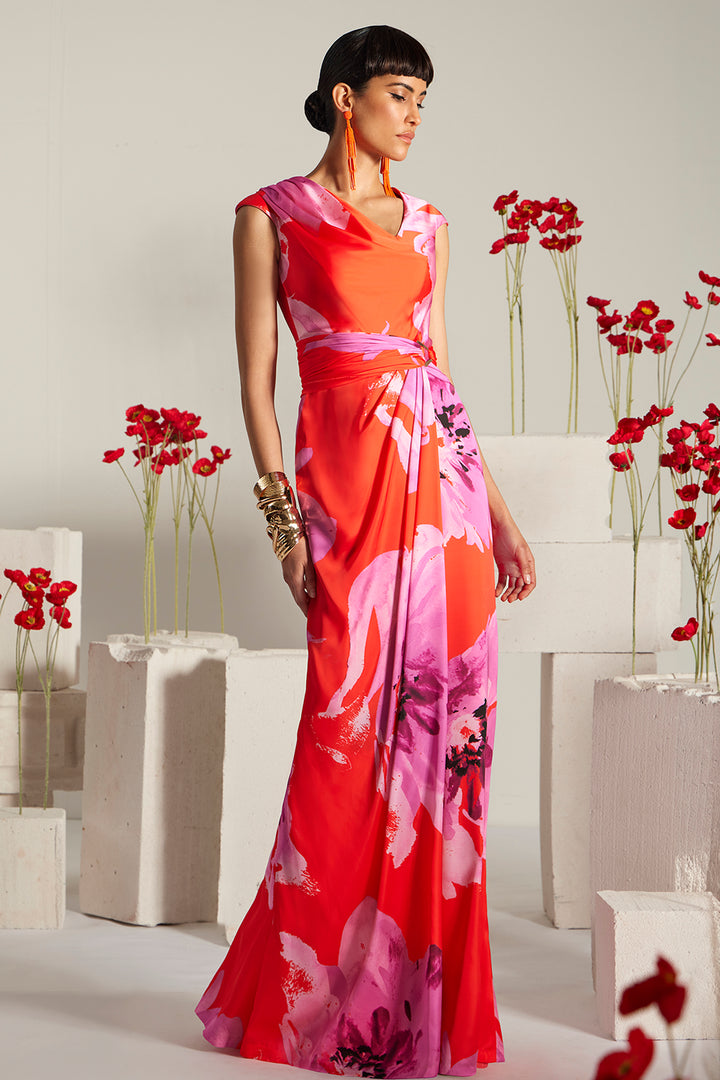 Sleeveless Neck with Floral Column Dress