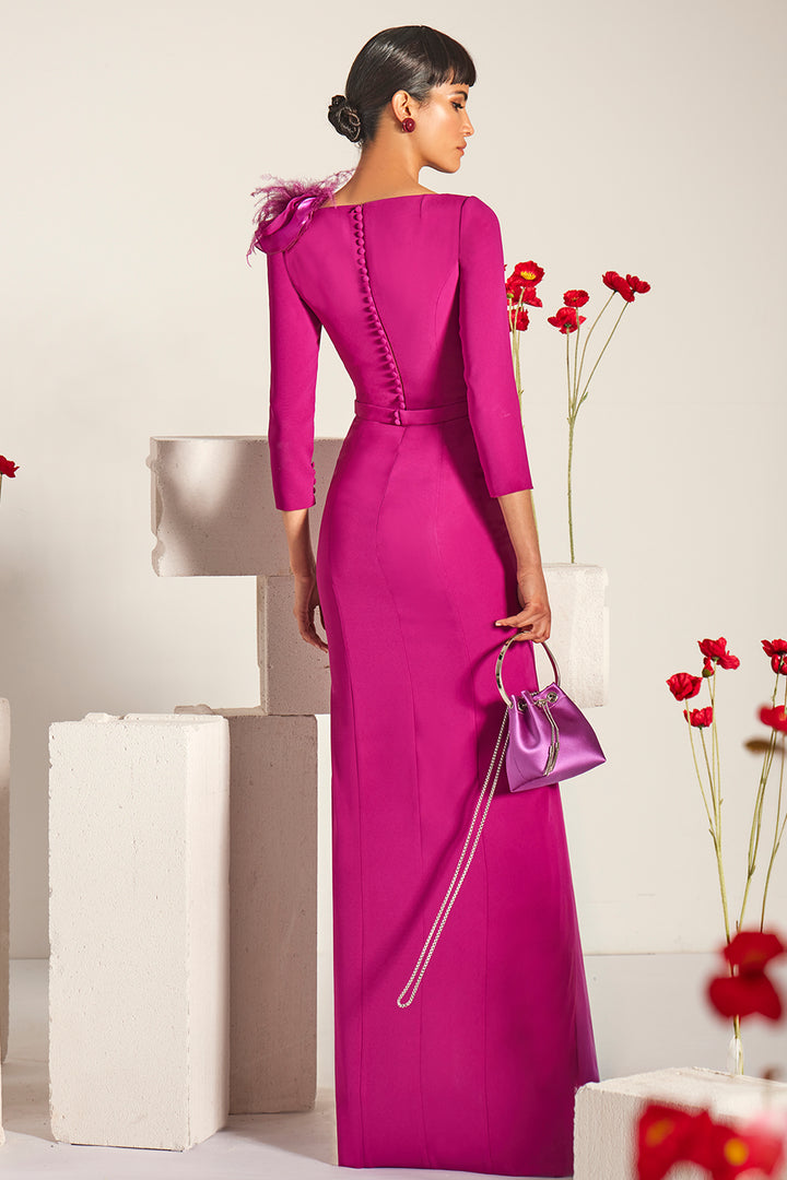 Feather-Embellished with Asymmetrical Ruffled and Column Dress