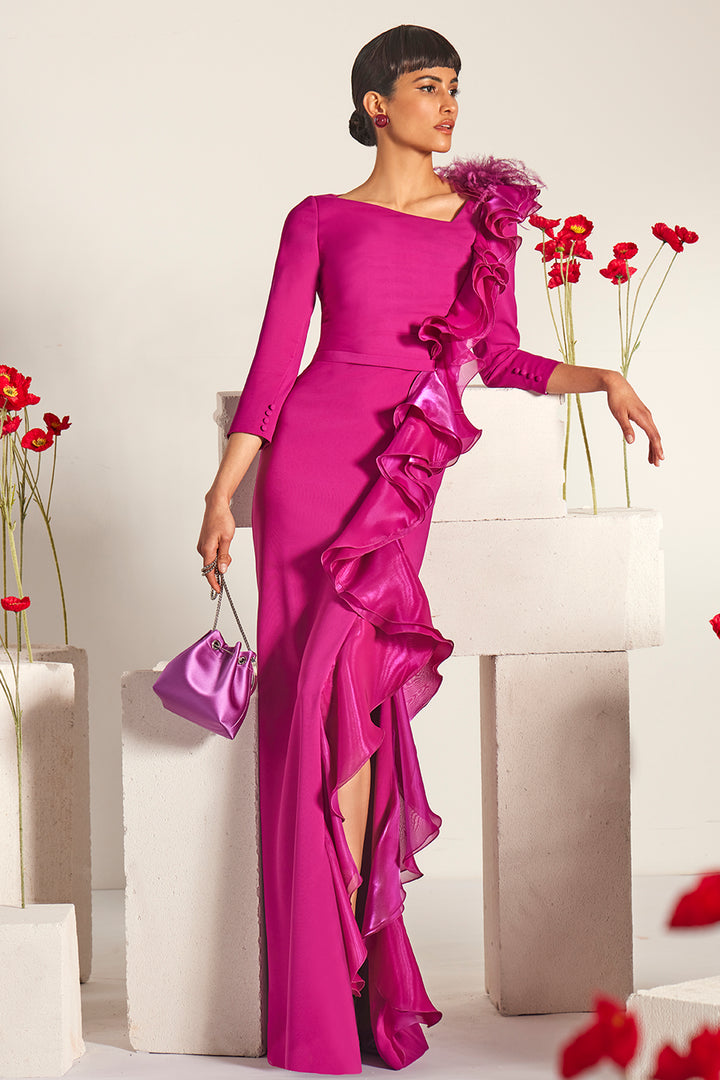 Feather-Embellished with Asymmetrical Ruffled and Column Dress