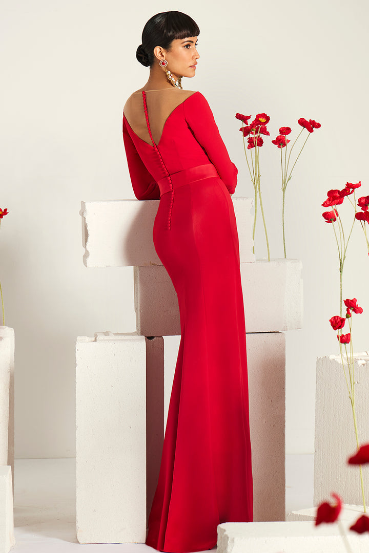 Off-The-Shoulder Floral Appliqué with Column Dress