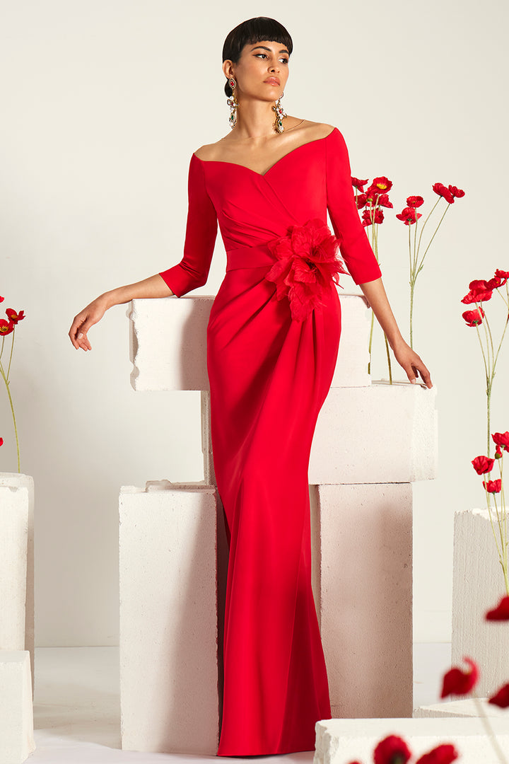 Off-The-Shoulder Floral Appliqué with Column Dress