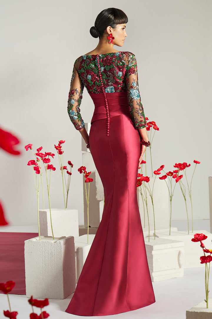 Embroidered Mesh Bodice Peplum Column Dress
