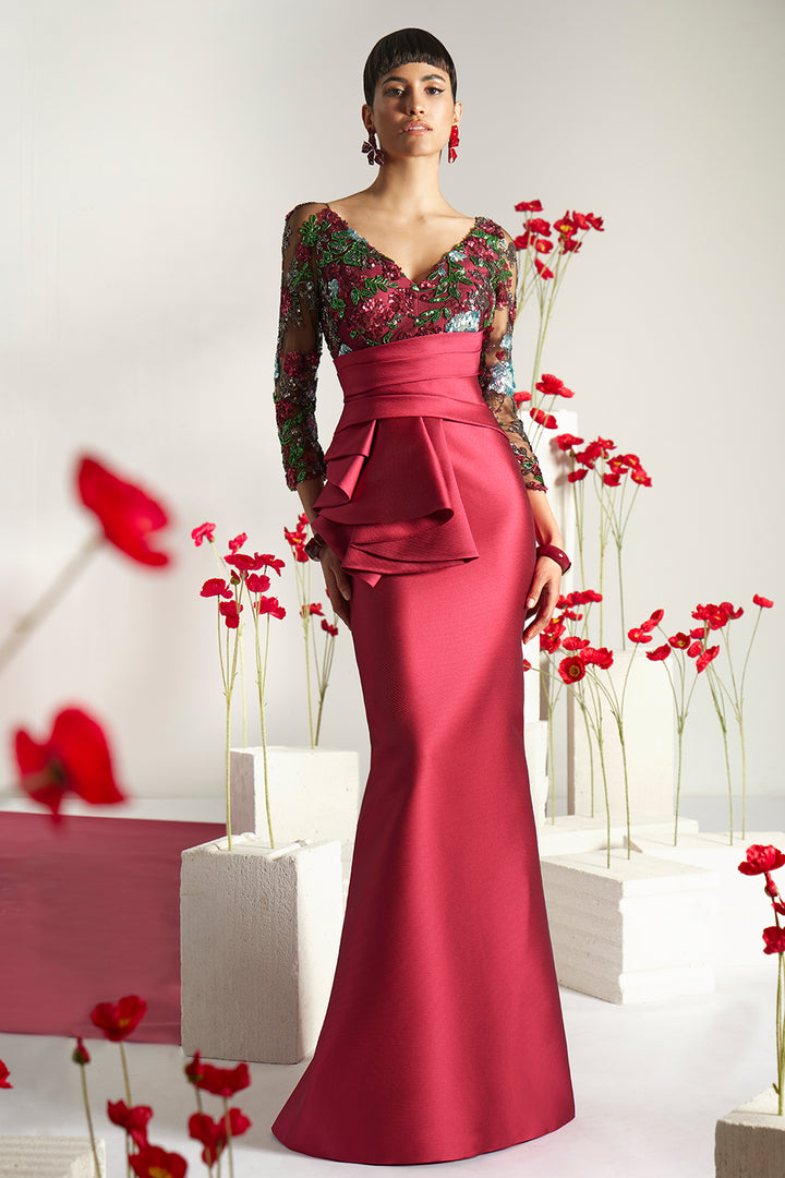 Embroidered Mesh Bodice Peplum Column Dress